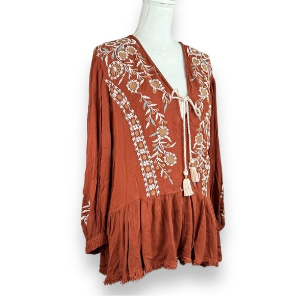 Free People Wild Dreams Embroidered Tunic Top Dress Rust Long Sleeve Peplum - Picture 3 of 9